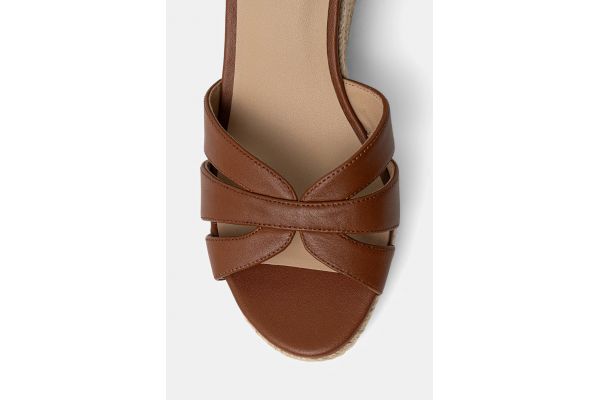 Women's Brown Leather Nellie Wedge Sandals Ralph Lauren 802P04433002-ΤΑΝ