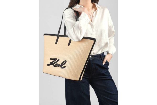 Women's Beige K/SIGNATURE RAFFIA MD TOTE Bag Karl Lagerfeld B2W30088-425 Natural