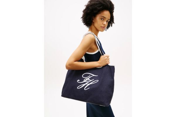 Women's Navy Blue TH Summer Tote Canvas Bag Tommy Hilfiger AW0AW18398-DW6