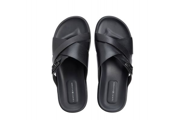 Men's Black Flag Hardware Leather Sandal Tommy Hilfiger FM0FM05753-BDS