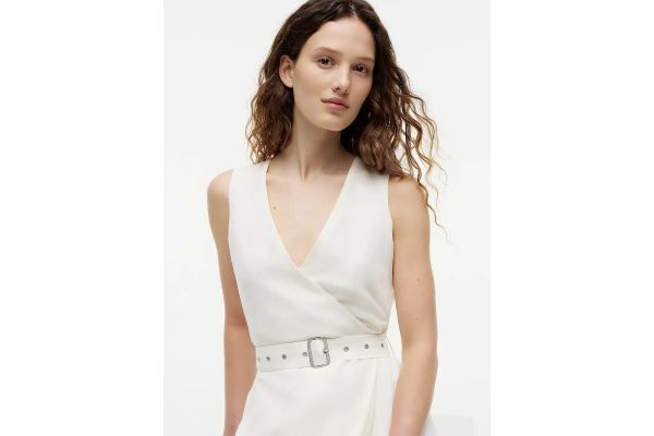 Women's White VIS/LINEN BELTED MIDI NS DRESS Tommy Hilfiger WW0WW48951-YA8