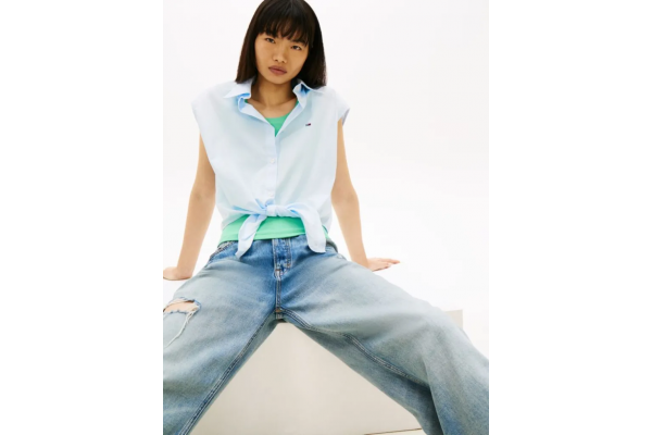 Women's Light Blue Tjw Tie Front Poplin Shirt Tommy Jeans DW0DW22212-0A6