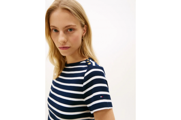 Women's Navy Blue Gold Button Slim Ss Tee Tommy Hilfiger WW0WW49250-0X3