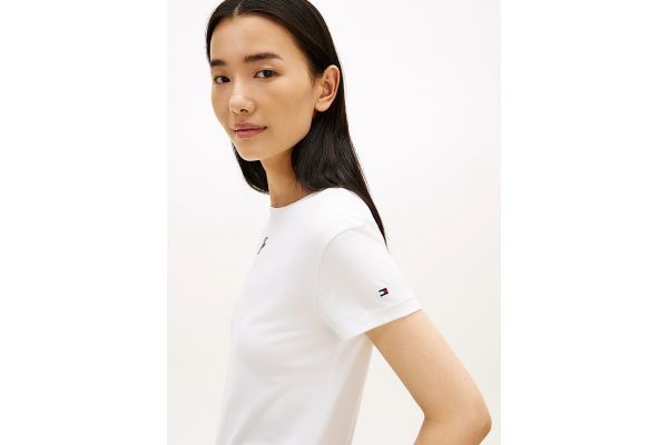 Women's White TH Script Slim Ss Tee Tommy Hilfiger WW0WW48710-YBL