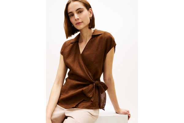 Women's Brown Linen Knot Ns Top Tommy Hilfiger WW0WW49632-GV0