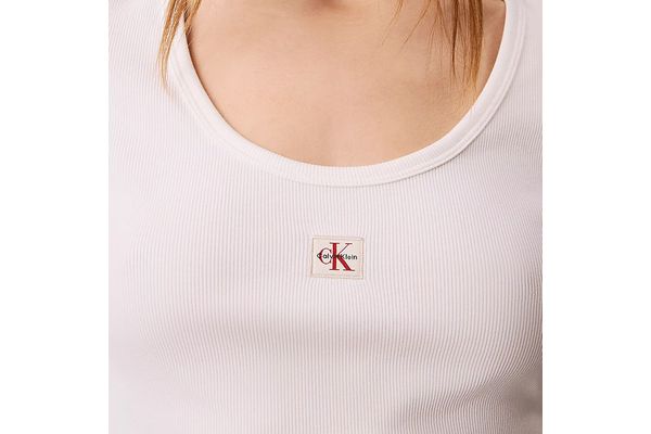 Women's White LS WOVEN LABEL 2X2 RIB SCOOP NECK TEE Calvin Klein LV047D218G-YAF