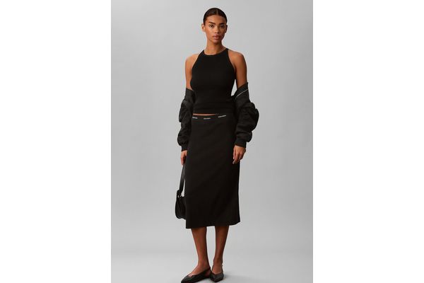 Women's Black 2X2 BABY RIB LOGO MIDI SKIRT Calvin Klein LV047H241G-UB1