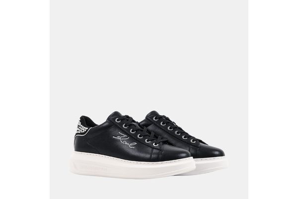Women's Black Leather KAPRI Pearl Tab Rhinestone Karl Lagerfeld KL62518P-00S-Black Lthr w/Silver